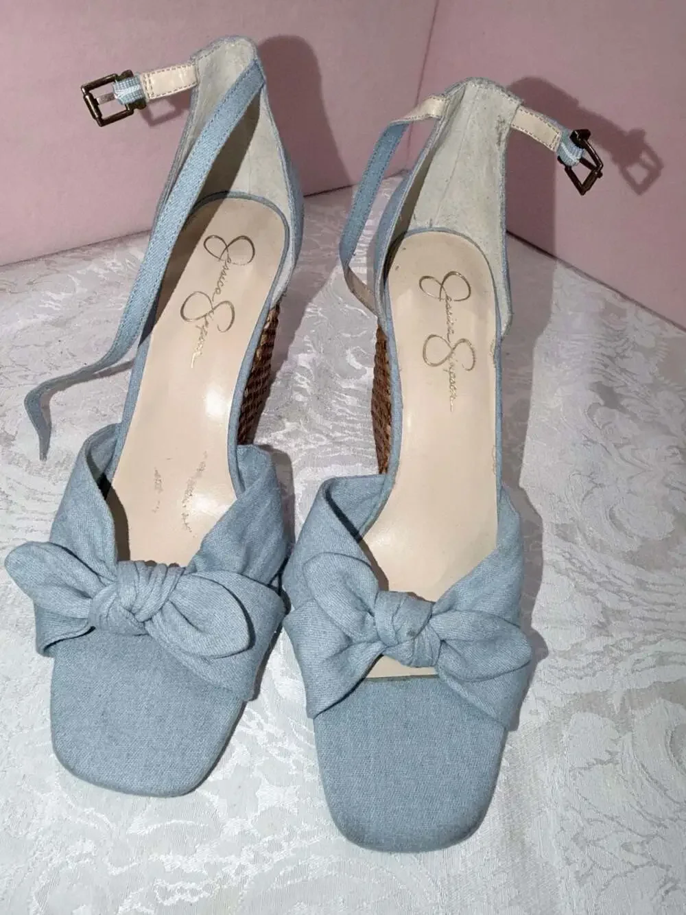 Jessica Simpson Medium Blue Immie Platform Wedge Sandals with Bow Detail
